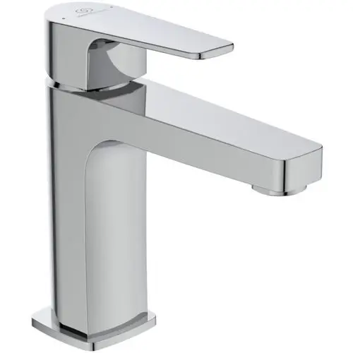 Waschtischarmatur in Chromfarbe von Ideal Standard mit einem langen Auslauf und einer flachen Bedientaste oberhalb. Geeignet für moderne Badezimmer.